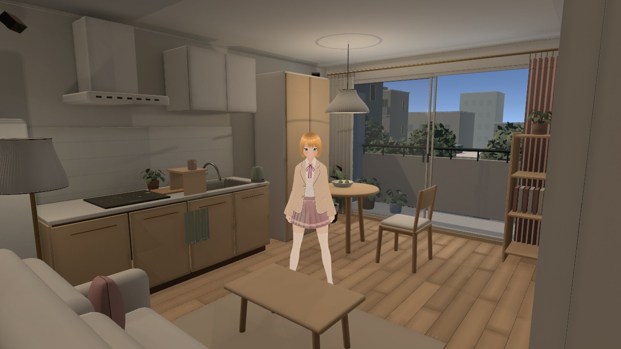 キッチンとソファのある3D空間に立つ澪
